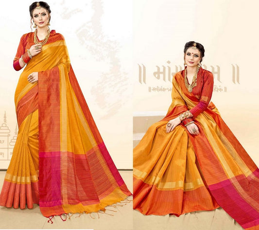 Orange Colored Khadi Cotton Silk Weaving Work Saree