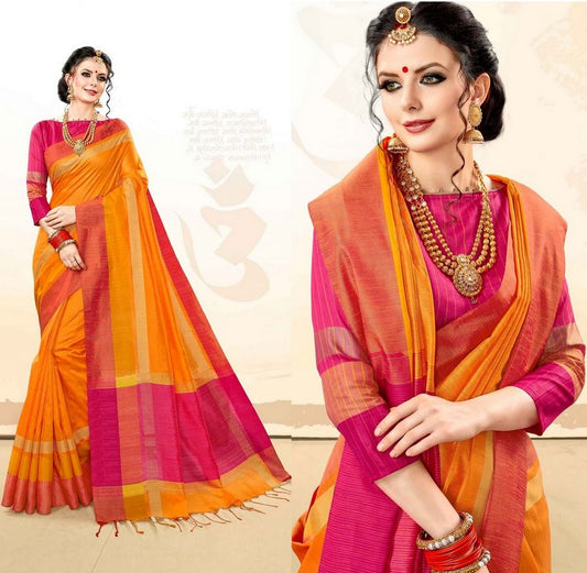 Orange Colored Khadi Cotton Silk Weaving Work Saree