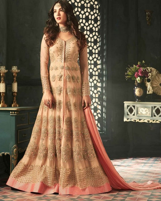 Orange Colored Net Heavy Embroidered Semi Stitched anarkali Suit