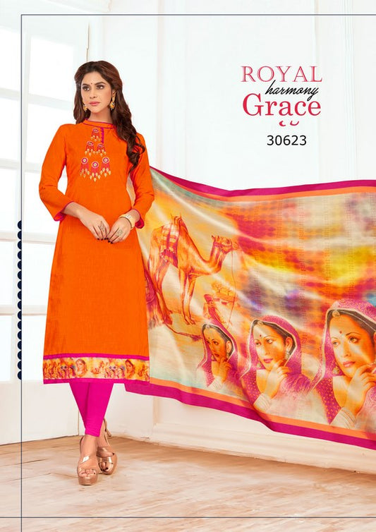 Orange Colored Salab cotton Thread Work & Digital Printed Un-Stitched Dress Material