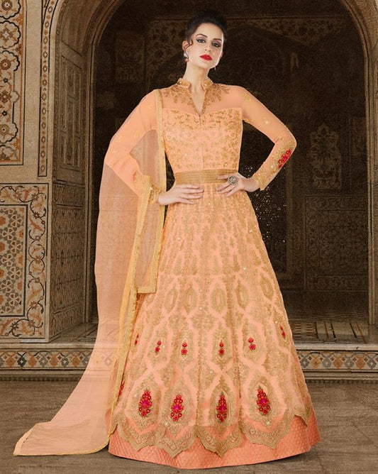 Orange Colored Santoon Jari & Thread Embroidery With Stone Work Semi Stitched gown