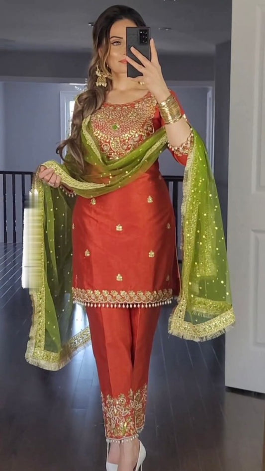 Orange cotton embroidered pant suit