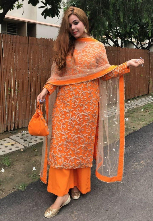 Orange cotton embroidered plazzo salwar suit