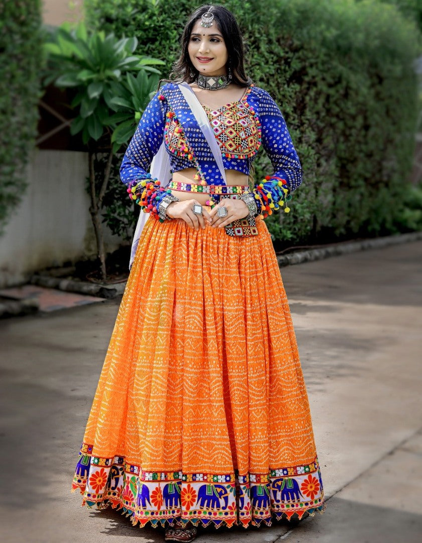 Orange digital printed navratri festival gujarati garba chaniya choli