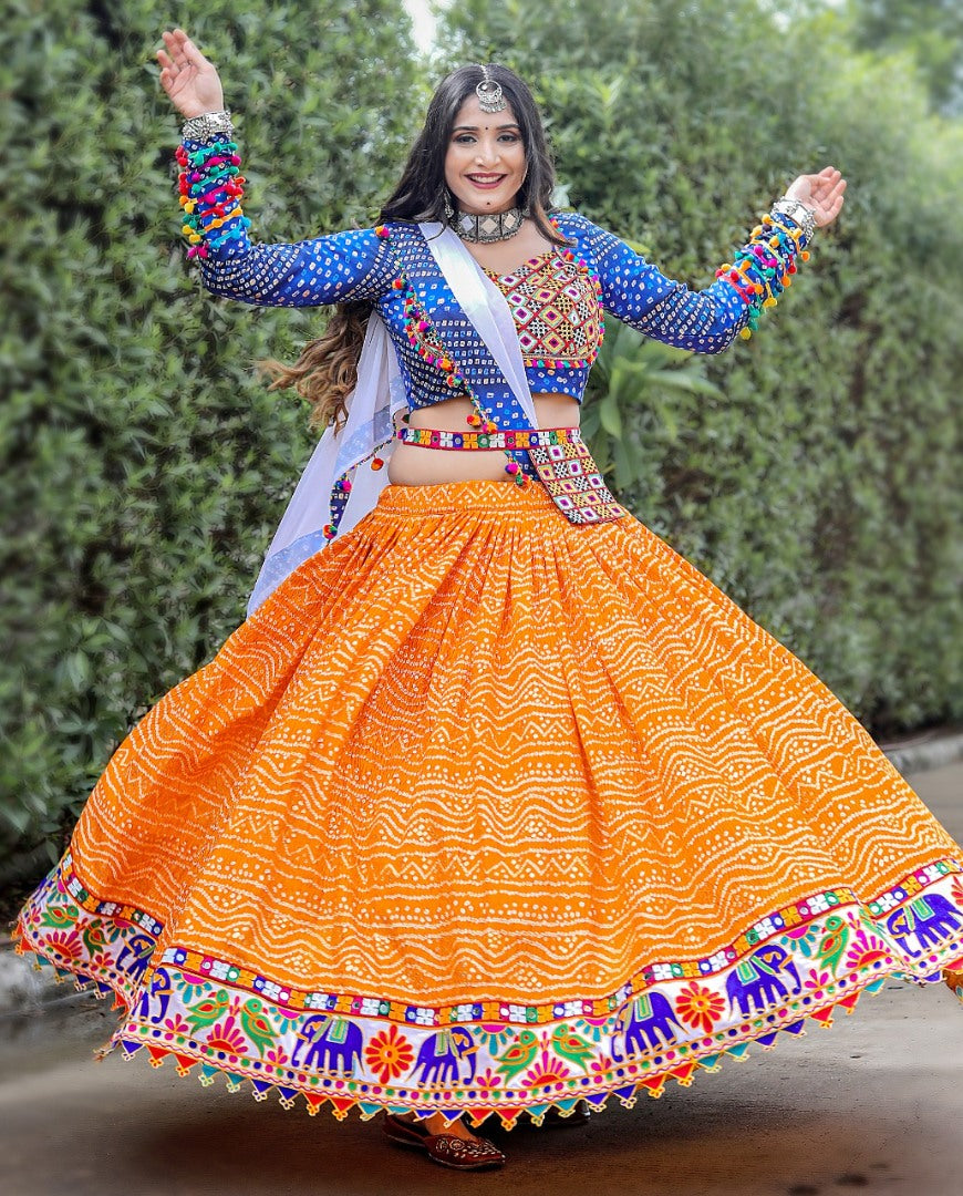 Orange digital printed navratri festival gujarati garba chaniya choli