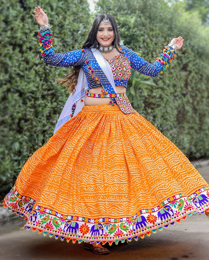 Orange digital printed navratri festival gujarati garba chaniya choli
