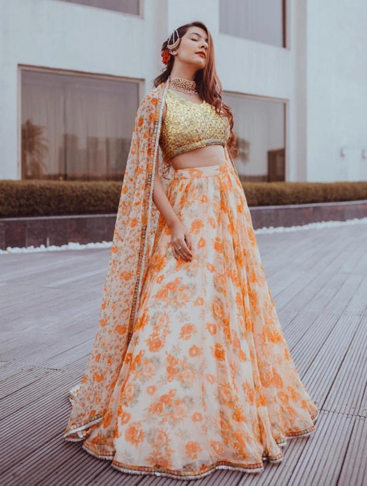 Orange digital printed white ceremonial lehenga