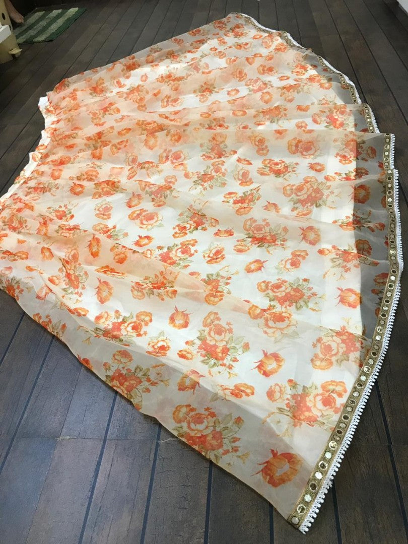 Orange digital printed white ceremonial lehenga