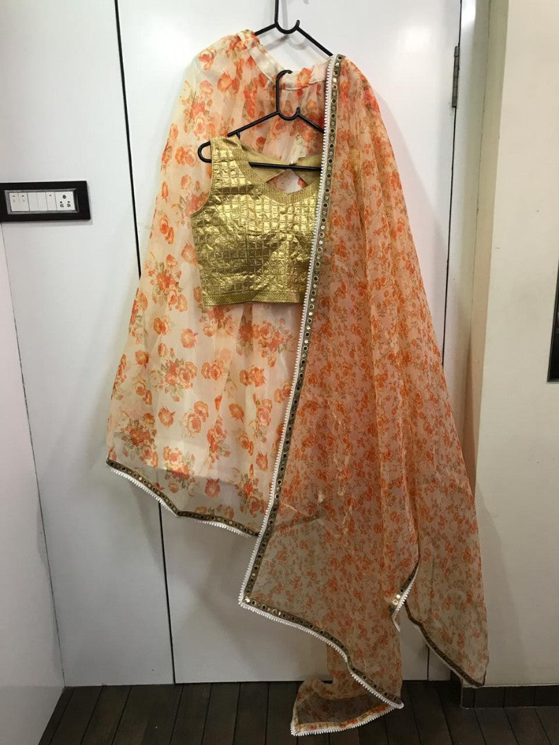 Orange digital printed white ceremonial lehenga