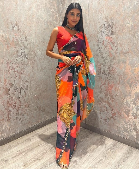 Orange georgette digital printed jardosi work saree