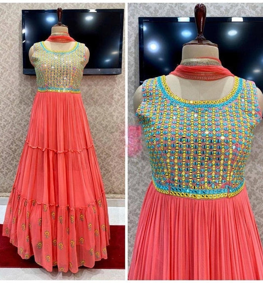 Orange georgette embroidered gown