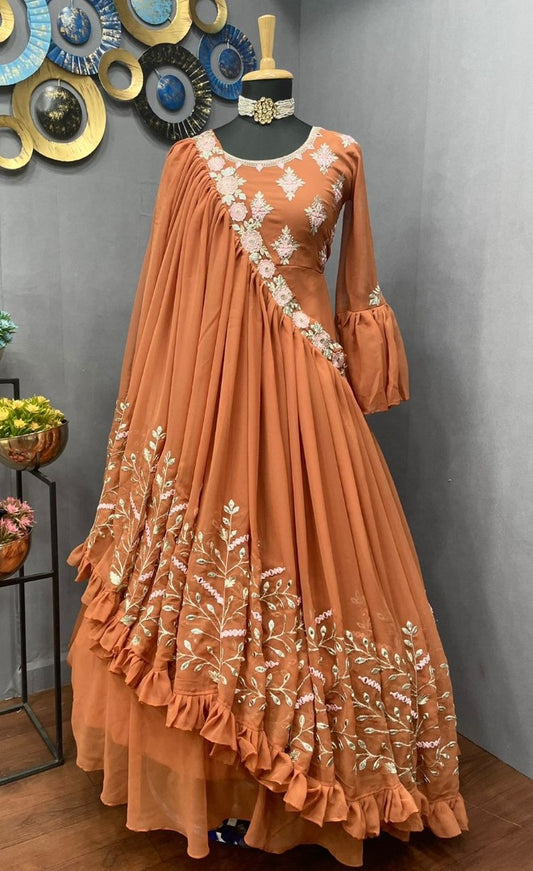 Orange georgette embroidered indowestern gown