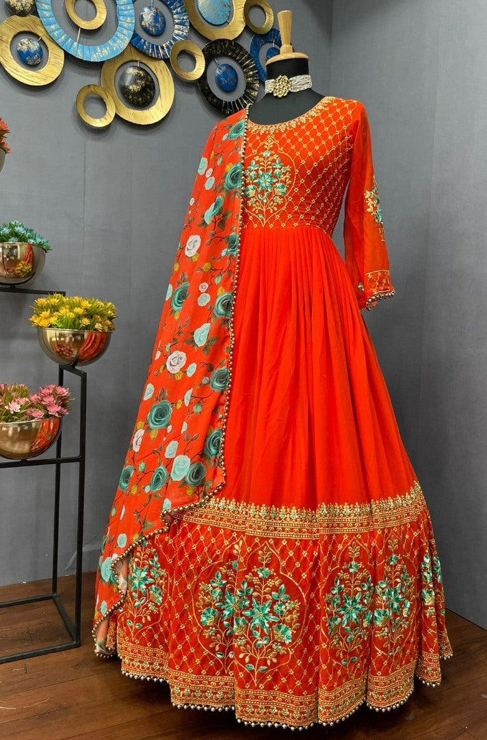 Orange georgette embroidered long gown with printed dupatta