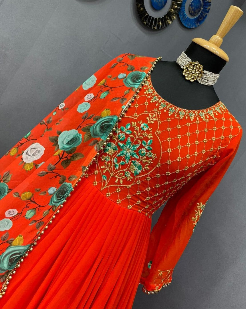 Orange georgette embroidered long gown with printed dupatta