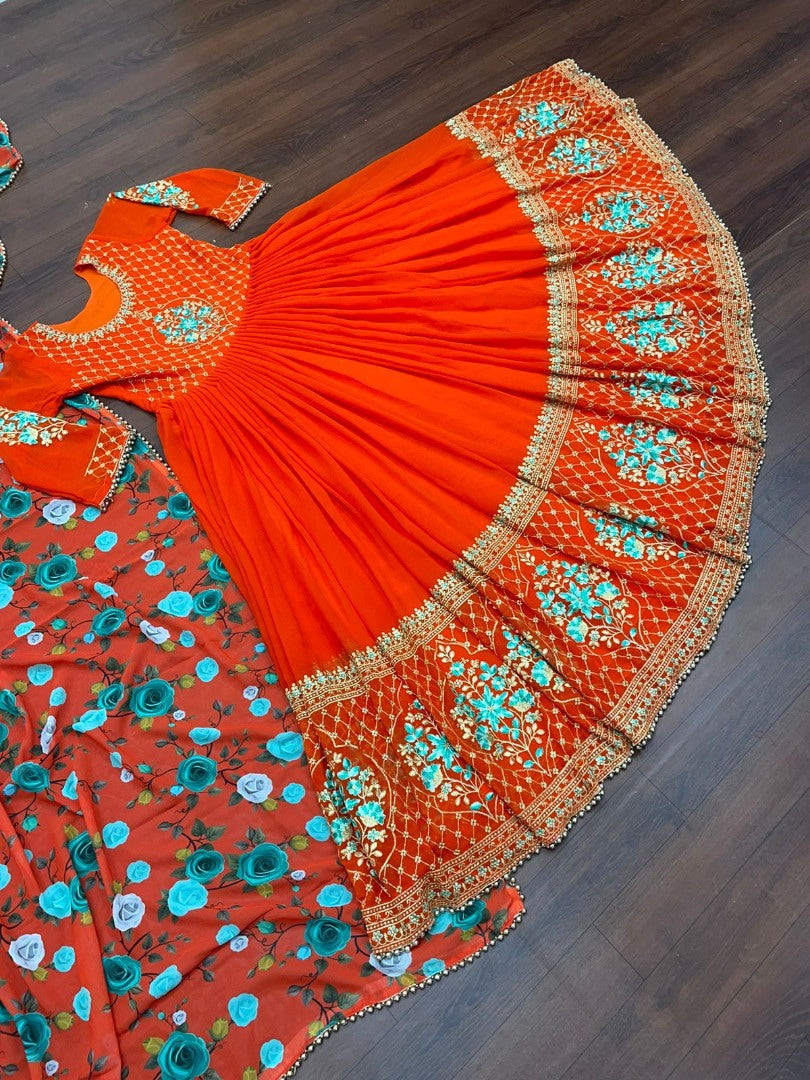 Orange georgette embroidered long gown with printed dupatta