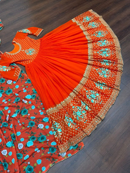 Orange georgette embroidered long gown with printed dupatta