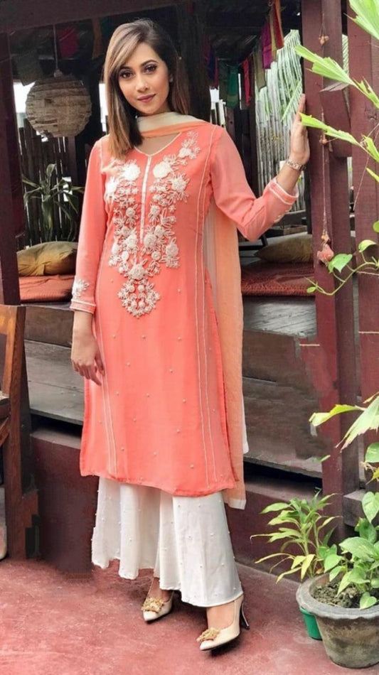 orange georgette embroidery and moti work plazzo suit