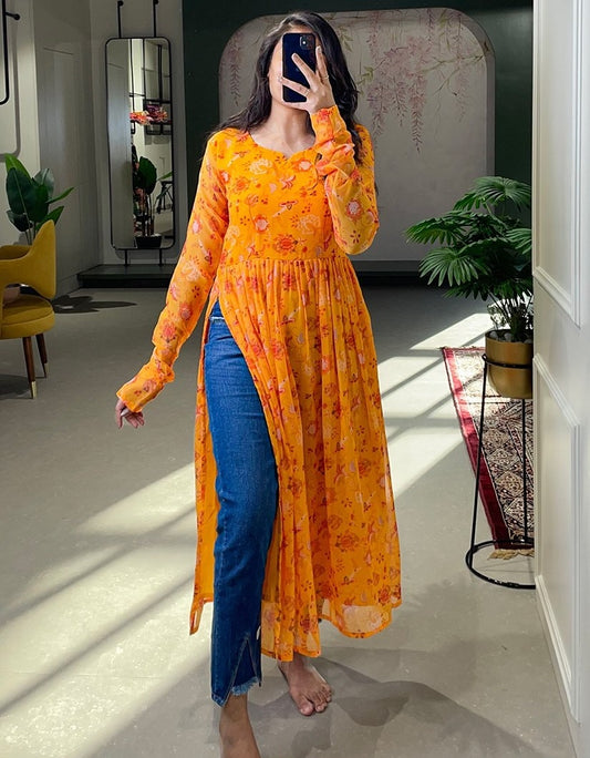 Orange georgette floral printed kurti