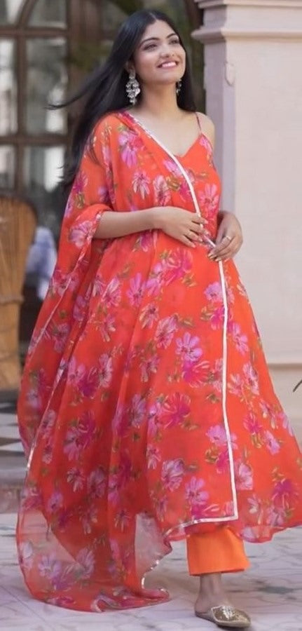 Orange georgette flower printed anarkali suit