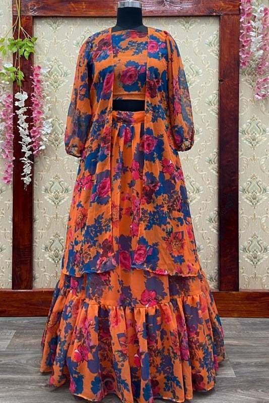 Orange georgette flower printed work party wear lehenga choli with koti