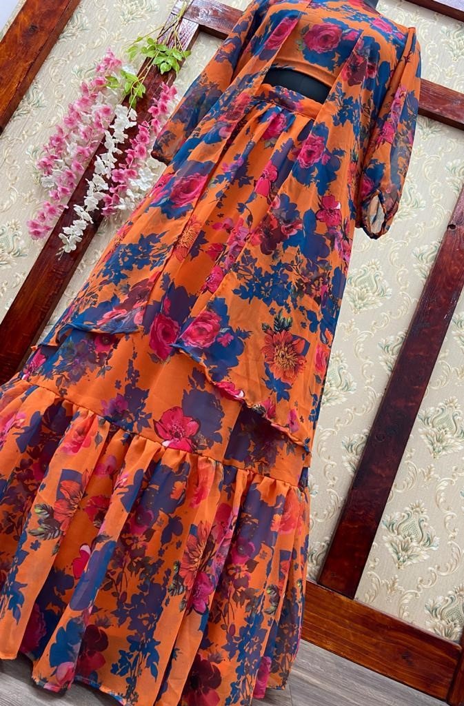 Orange georgette flower printed work party wear lehenga choli with koti