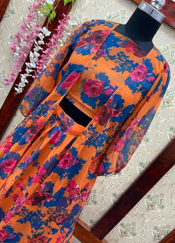 Orange georgette flower printed work party wear lehenga choli with koti
