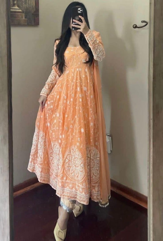Orange georgette heavy embroidered anarkali suit