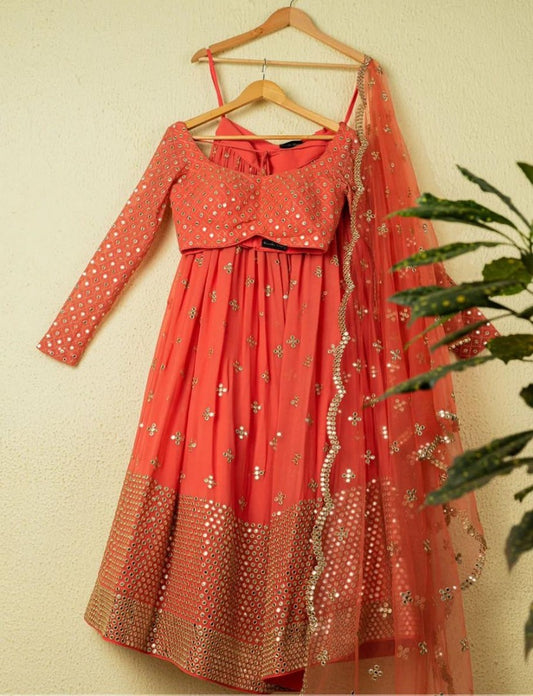 Orange georgette heavy embroidered lehenga choli for wedding