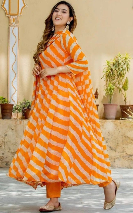 Orange georgette leheriya printed anarkali suit