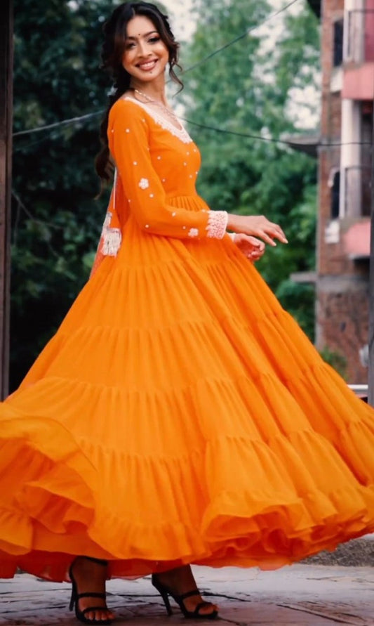 Orange georgette long plain gown