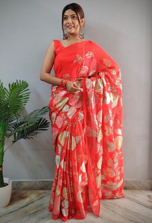 Orange georgette multi embroidered saree