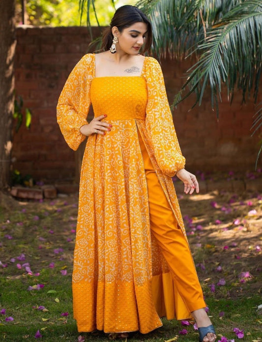 Orange georgette print and embroidery work gown