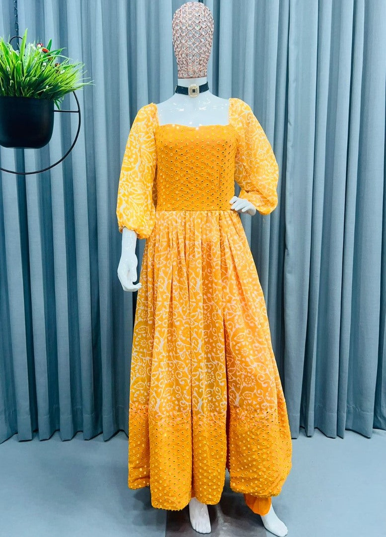 Orange georgette print and embroidery work gown