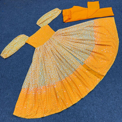 Orange georgette print and embroidery work gown