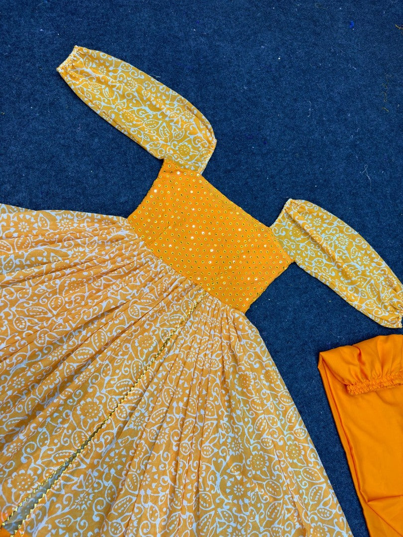 Orange georgette print and embroidery work gown