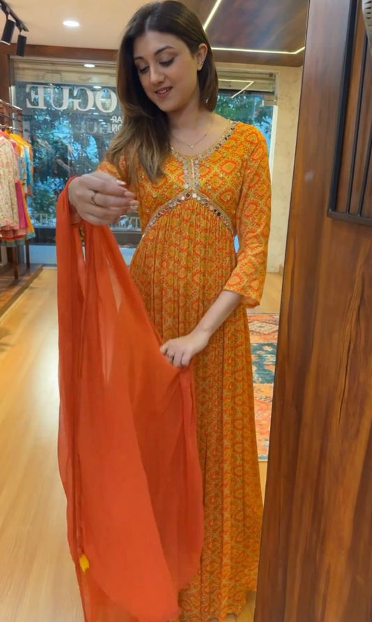 Orange georgette print and handwork alia cut kurti