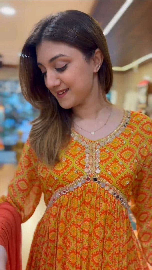 Orange georgette print and handwork alia cut kurti