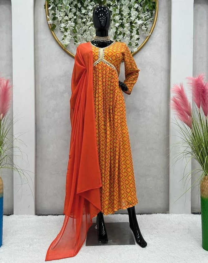 Orange georgette print and handwork alia cut kurti