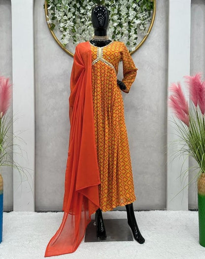 Orange georgette print and handwork alia cut kurti