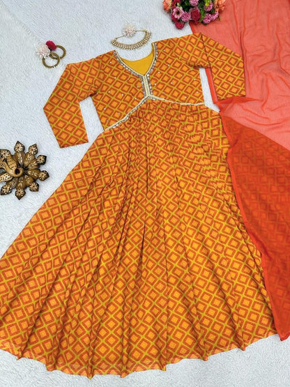 Orange georgette print and handwork alia cut kurti