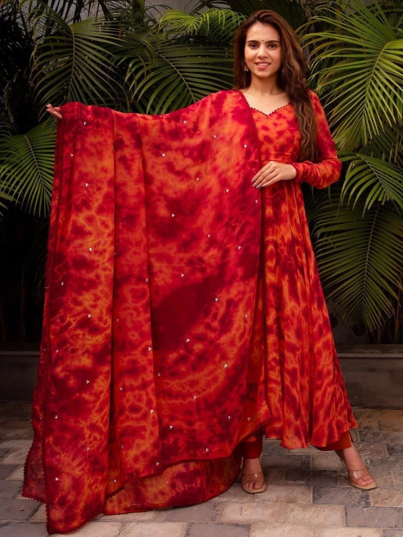 Orange georgette printed anarkali suit