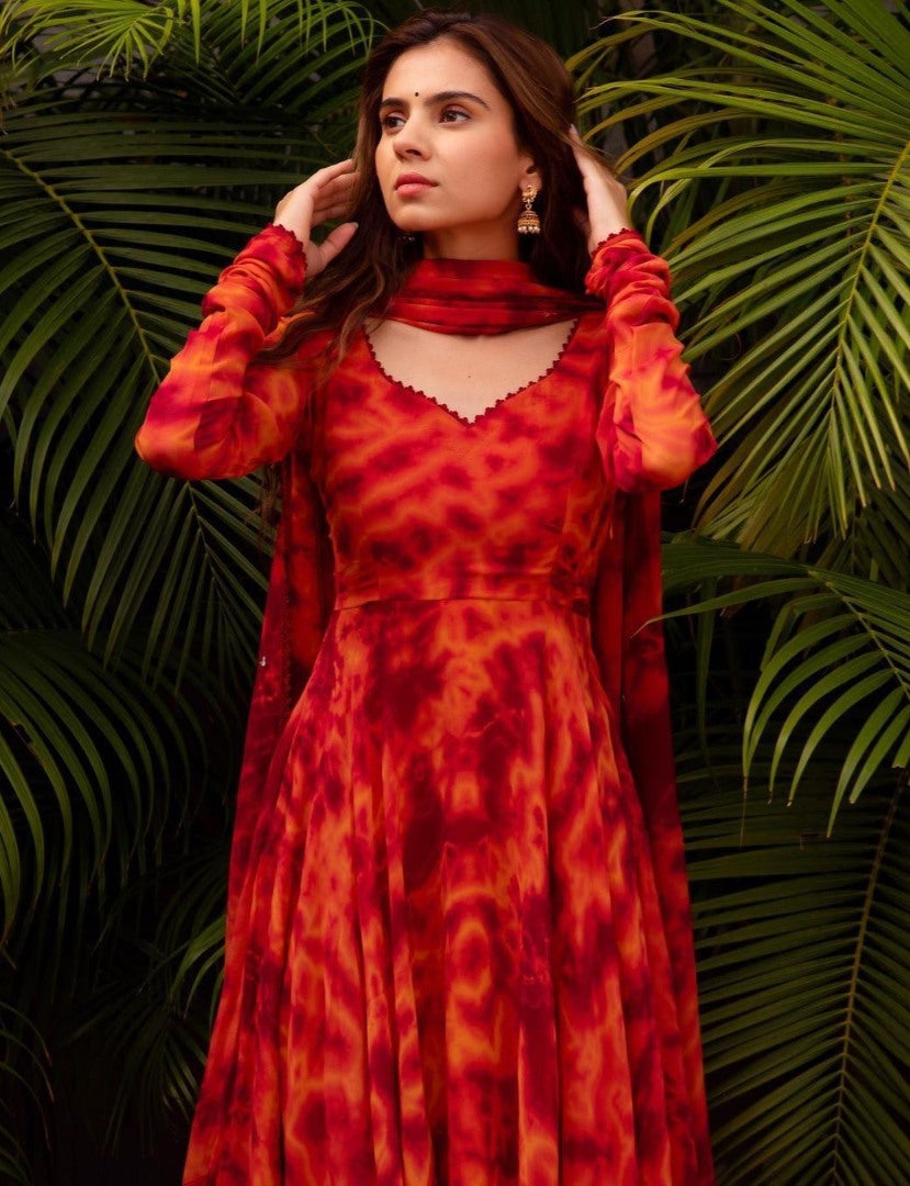 Orange georgette printed anarkali suit