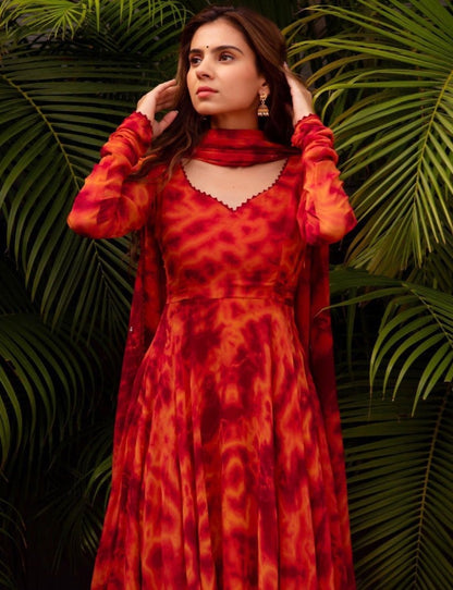 Orange georgette printed anarkali suit