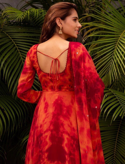 Orange georgette printed anarkali suit