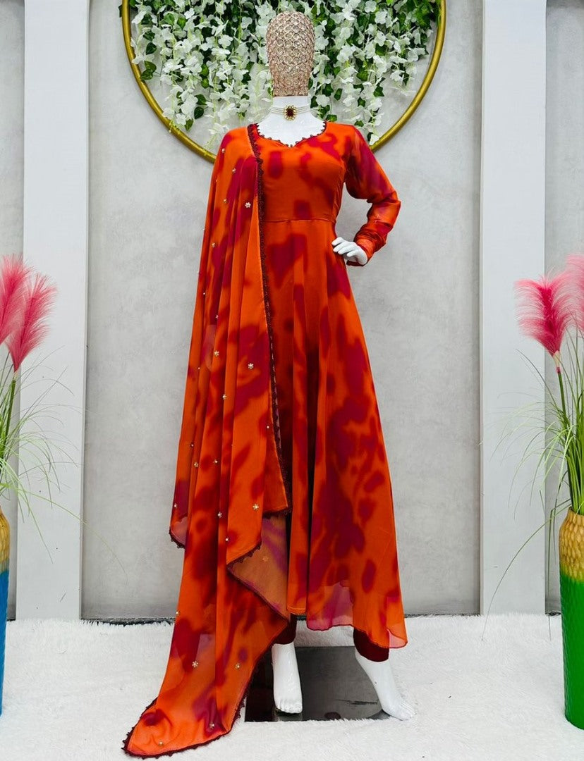 Orange georgette printed anarkali suit