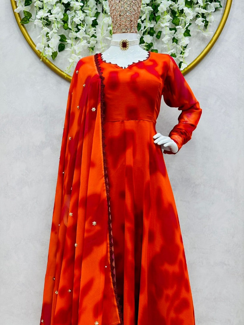 Orange georgette printed anarkali suit