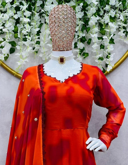 Orange georgette printed anarkali suit