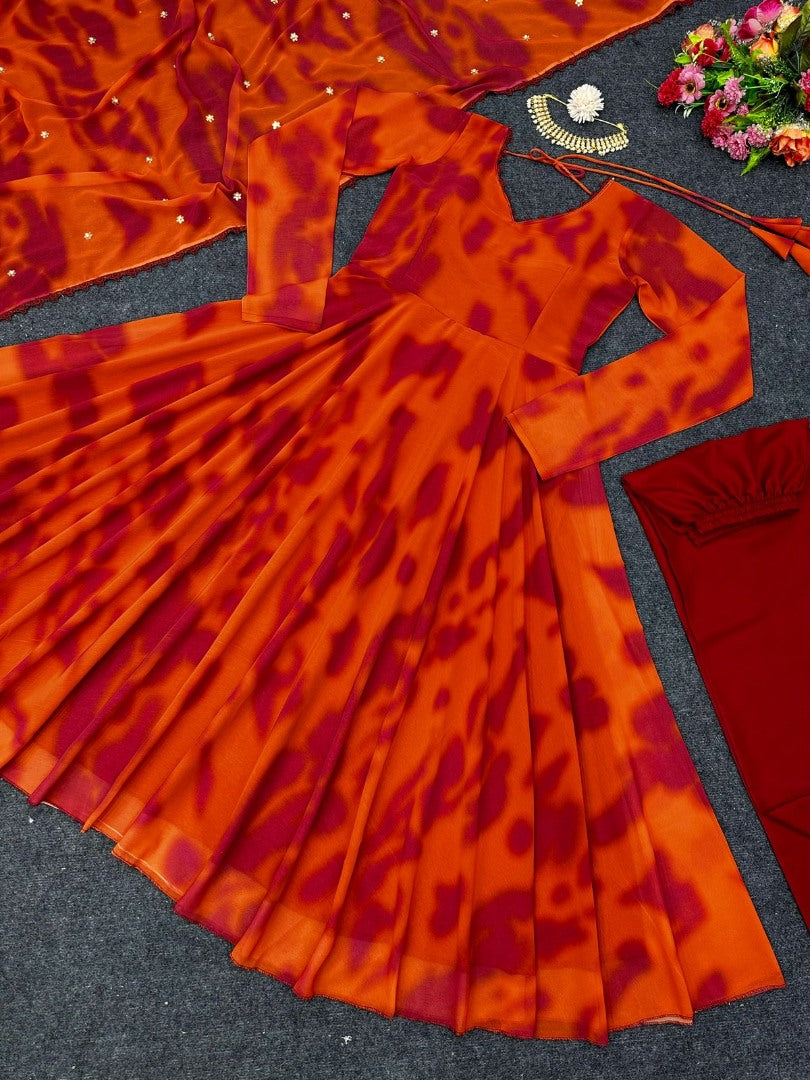 Orange georgette printed anarkali suit