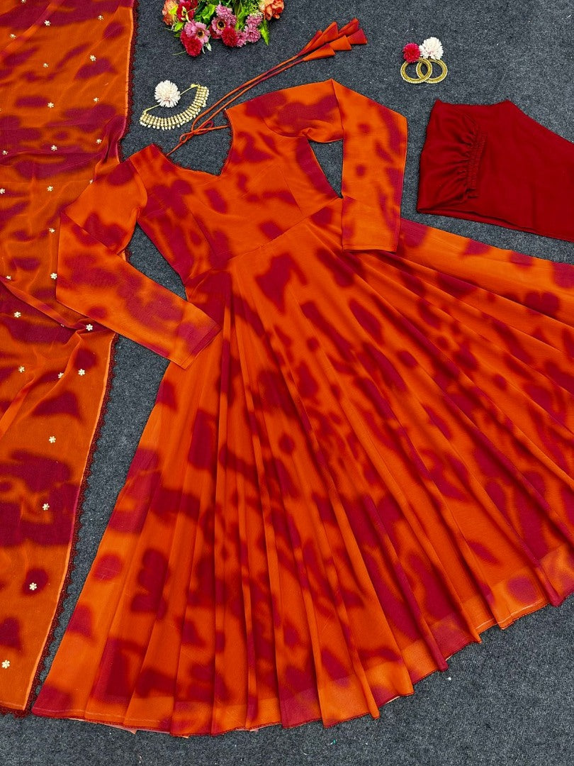 Orange georgette printed anarkali suit