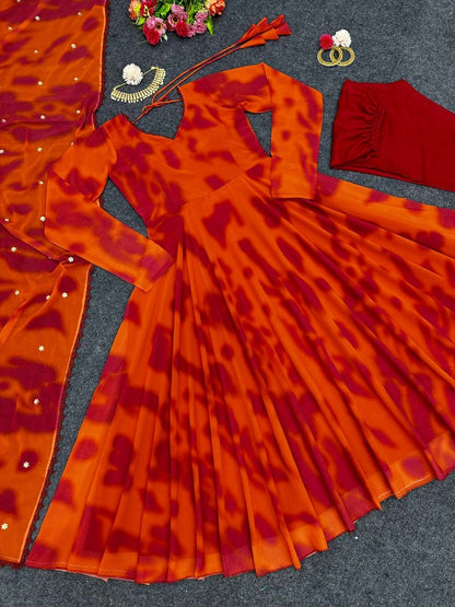 Orange georgette printed anarkali suit